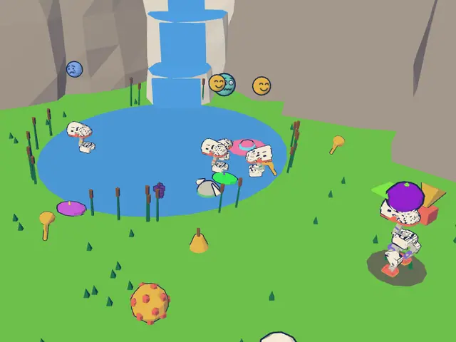 Five small robot ducks eating, swimming and playing in a garden with a pond, a waterfall and a fruit tree