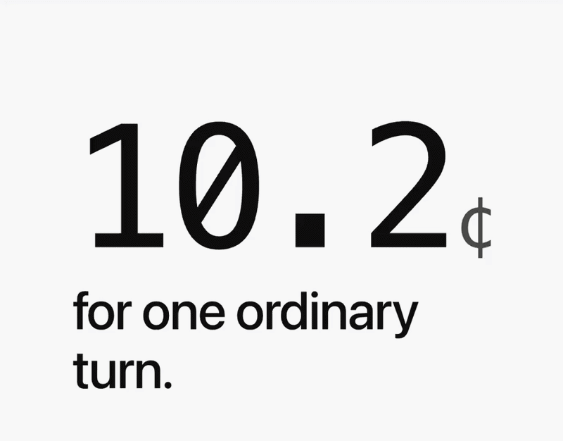 Stat tile from the Claude Token Economy Lab: 10.2 cents for one ordinary turn