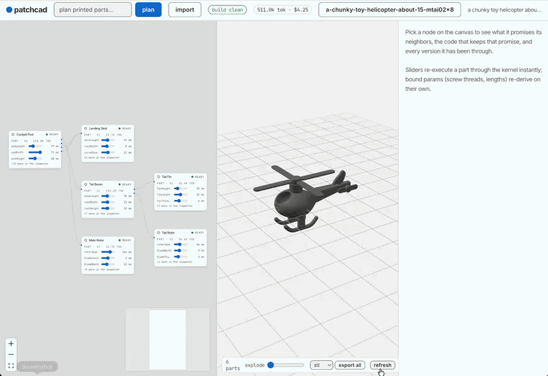 Screen recording of patchCAD’s node canvas generating a CAD part from a prompt